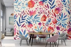 Red flowers and stylized leaves wallpaper pattern.