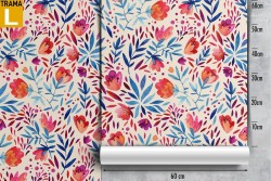 Carta da Parati fiori rossi e foglie stilizzate pattern.