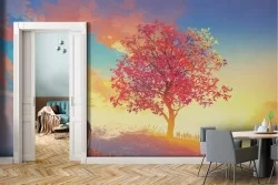 Carta da Parati illustrazione paesaggio collina con albero