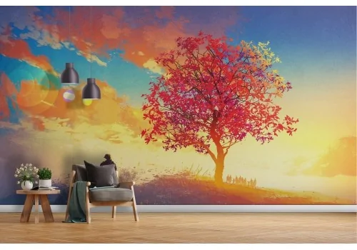 Carta da Parati illustrazione paesaggio collina con albero 2