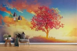 Carta da Parati illustrazione paesaggio collina con albero