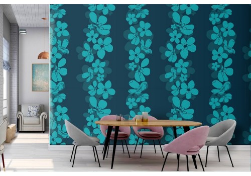 Wallpaper with modern design, blue pattern of flowers.