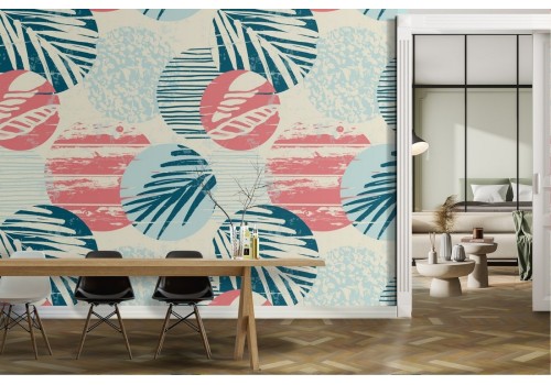 Tropical leaves and polka dots modern pattern wallpaper.
