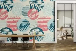 Tropical leaves and polka dots modern pattern wallpaper.