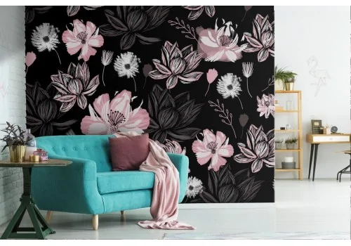 Pink flowers wallpaper black background modern nature.