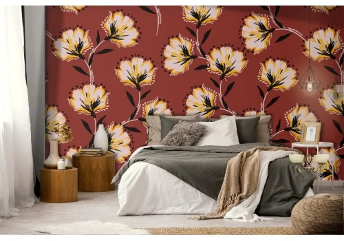 Vintage style wallpaper with flowers on a red background.