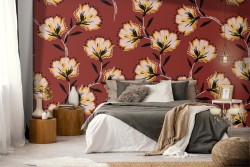 Vintage style wallpaper with flowers on a red background.