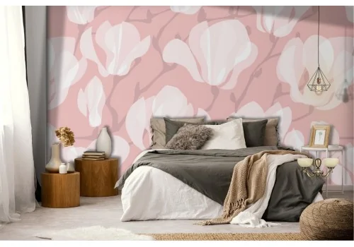 White flowers wallpaper pink background abstract pattern.