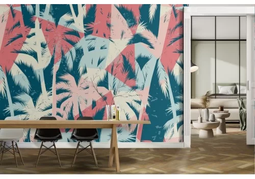 Carta da Parati foglie e alberi tropicali stilizzati pattern.