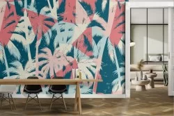 Carta da Parati foglie e alberi tropicali stilizzati pattern.