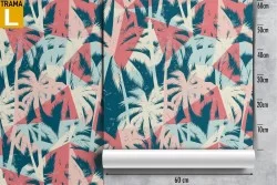 Wallpaper with stylized tropical leaves and trees pattern.