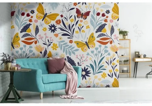 Wallpaper with stylized butterflies and flowers nature pattern.