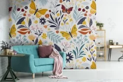 Carta da Parati farfalle e fiori stilizzati pattern natura.