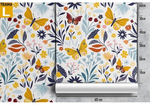 Carta da Parati farfalle e fiori stilizzati pattern natura. 2