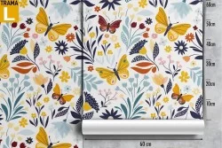 Butterflies and stylized flowers wallpaper nature pattern.