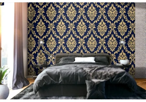 Vintage damask wallpaper gold and blue pattern.