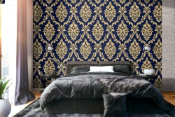 Vintage damask wallpaper gold and blue pattern.