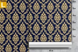 Vintage damask wallpaper gold and blue pattern.
