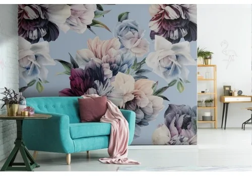 Carta da Parati fiori viola e bianchi pattern natura moderna.