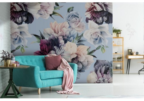 Purple and white flowers wallpaper modern nature pattern.