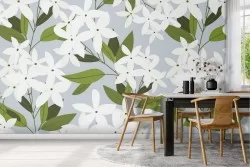 Carta da Parati raffinati fiori bianchi pattern natura.