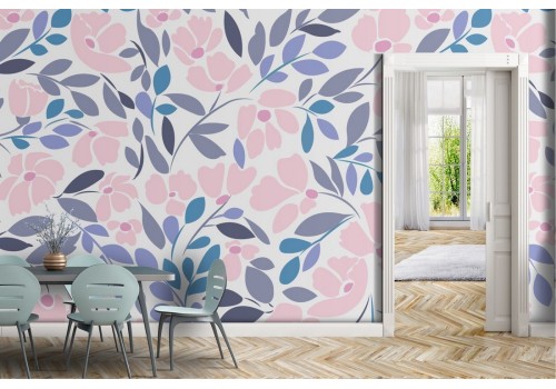 Wallpaper with stylized pink and blue leaf pattern.