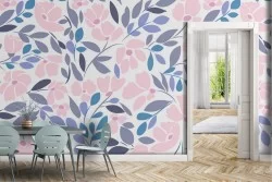 Wallpaper with stylized pink and blue leaf pattern.
