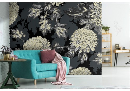 White flowers wallpaper on black vintage nature background.