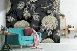 White flowers wallpaper on black vintage nature background.