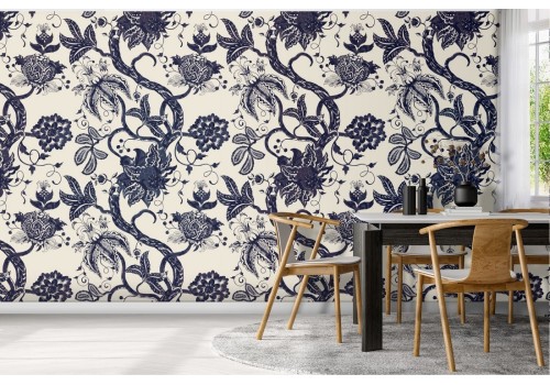 Vintage blue wallpaper with stylized flower nature pattern.