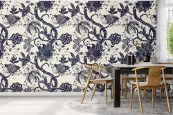 Vintage blue wallpaper with stylized flower nature pattern.