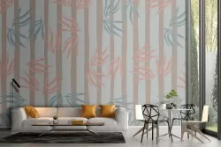 Wallpaper with stylized leaves and stripes modern design.