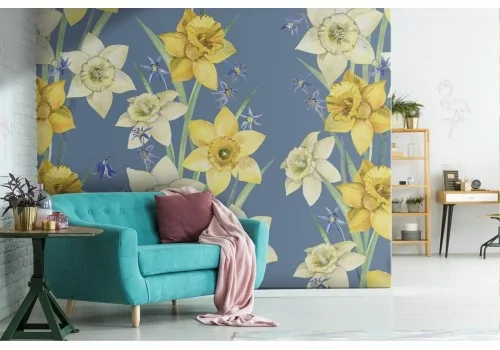 White and yellow flowers wallpaper modern pattern.