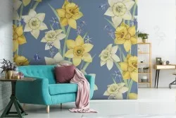 Wallpaper with white and yellow flowers modern pattern.