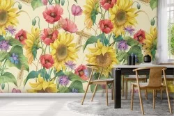 Carta da Parati girasole fiori natura pattern vintage.