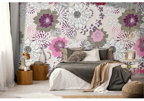 Vintage wallpaper with stylized pink and red flowers.