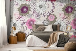 Vintage wallpaper with stylized pink and red flowers.