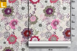 Vintage wallpaper with stylized pink and red flowers.