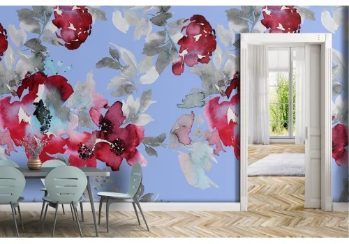 Red and white flowers wallpaper modern nature design.