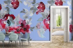 Red and white flowers wallpaper modern nature design.
