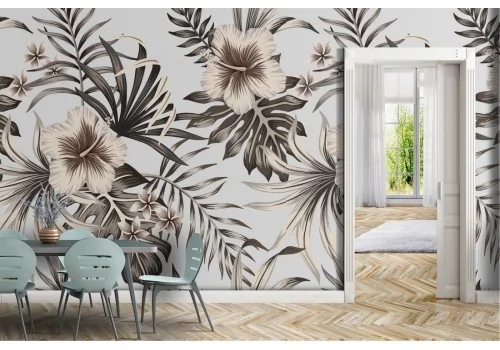 Wallpaper with white tropical leaves and flowers nature.