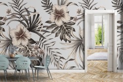 Carta da Parati foglie e fiori tropicali bianchi natura.