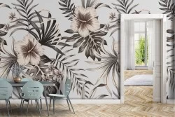 Wallpaper with white tropical leaves and flowers nature.