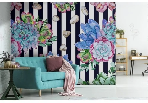 Blue leaves nature striped modern design wallpaper.