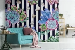 Blue leaves nature wallpaper modern design stripes.
