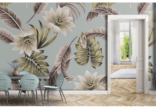 Vintage wallpaper with white leaves and flowers.