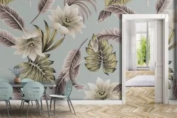 Carta da Parati foglie e fiori bianchi vintage.