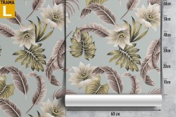 Vintage wallpaper with white leaves and flowers.