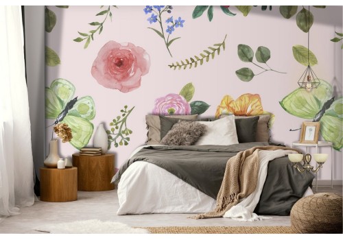 Vintage pink flowers wallpaper decoration.