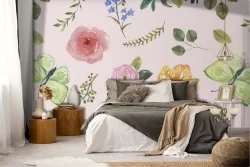Vintage pink flowers wallpaper decoration.